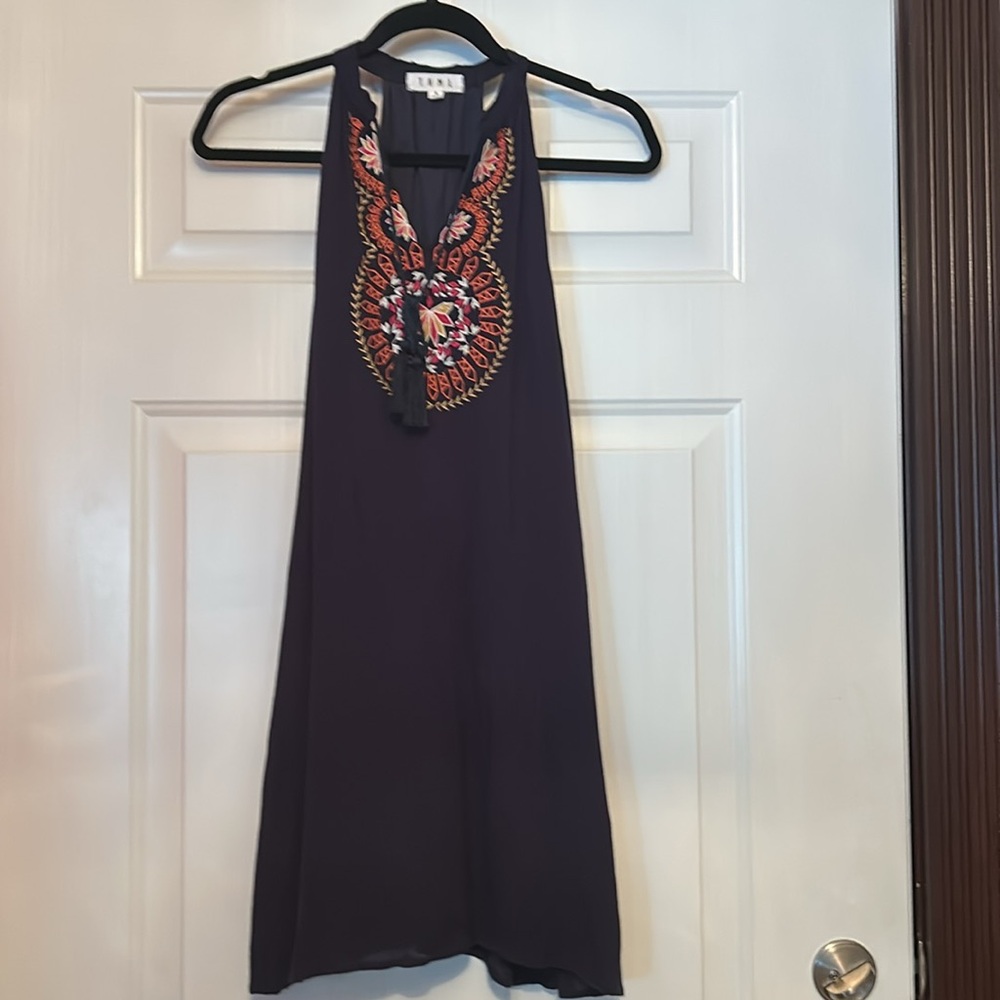 THML Embroidered Boho Dress S Navy Sleeveless Summer Colorful Lined Tassels